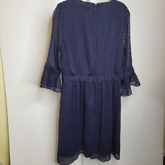4 BANANA REPUBLIC CLASSIC CHIFFON SWISS DOT FLUTTER SLEEVE NAVY BLUE LINED DRESS - Picture 9 of 14